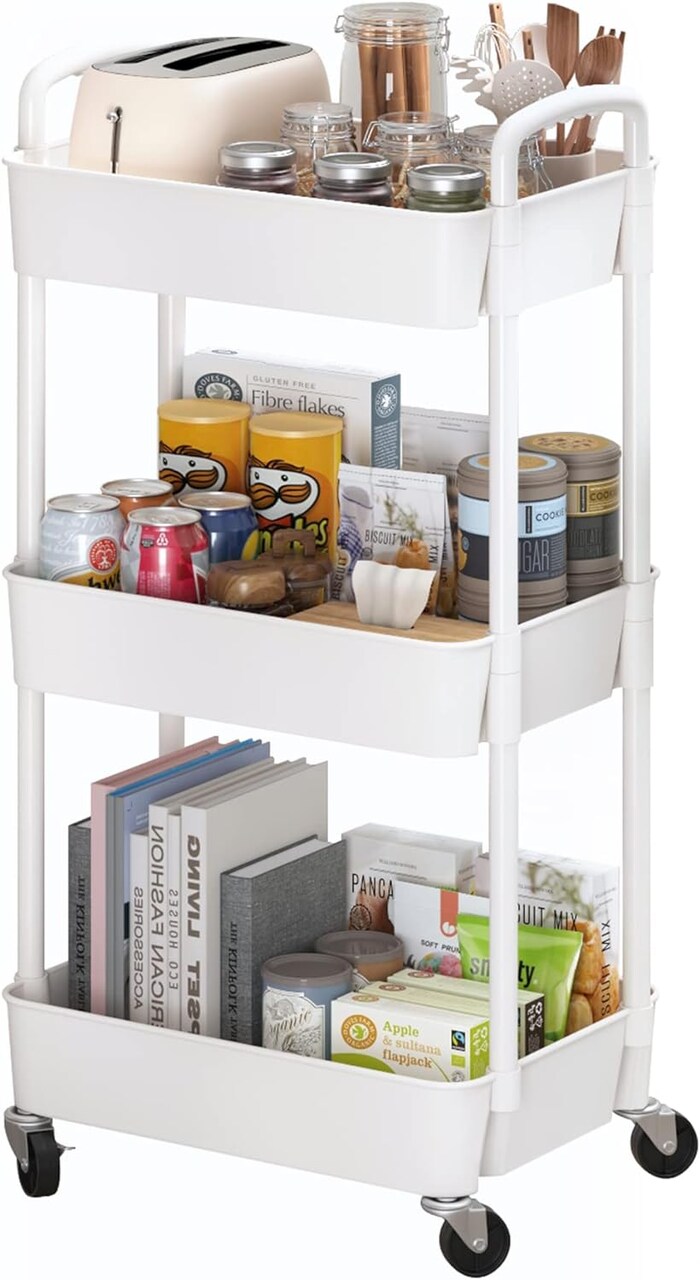3-Tier Plastic Rolling Utility Cart with Handle, Multi-Functional Storage Trolley for Office, Living Room, Kitchen, Movable Storage Organizer with Wheels, White